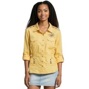 Y2k Coogi Women's size Large Fairygrunge Snap Roll Tab Smocked Indie Flight Top